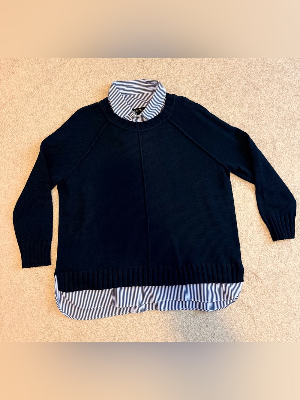 Lauren Ralph Lauren Plus Size 1X Layered Cotton Twofer Sweater in Navy